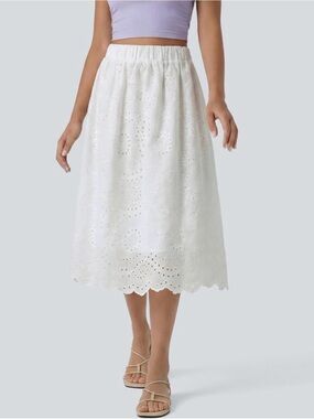 NWT Women's HALARA High Waisted Embroidery Eyelet Resort A-line Skirt